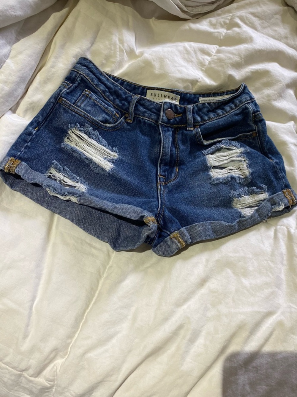 Bullhead Ripped Mid-Blue Denim Jean Shorts